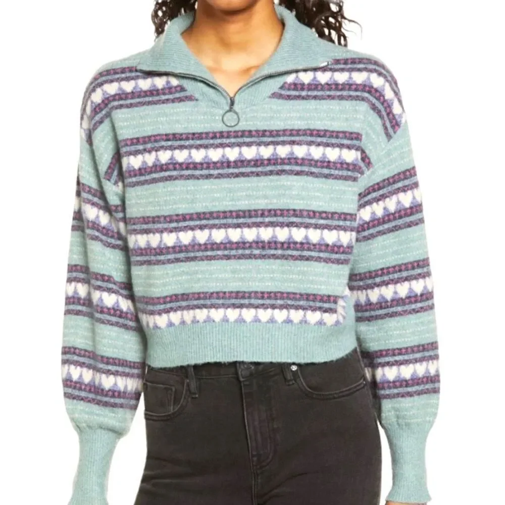 BP Women’s Sweater Long Sleeve Crop Quarter Zip Hearts Size Small Green NWT